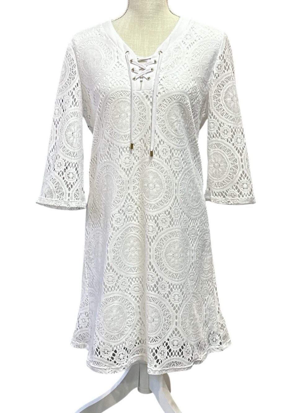 Tacera Dress Cover Up White Crochet Lace Resort Boho Beach Tunic Lace Up Neck S